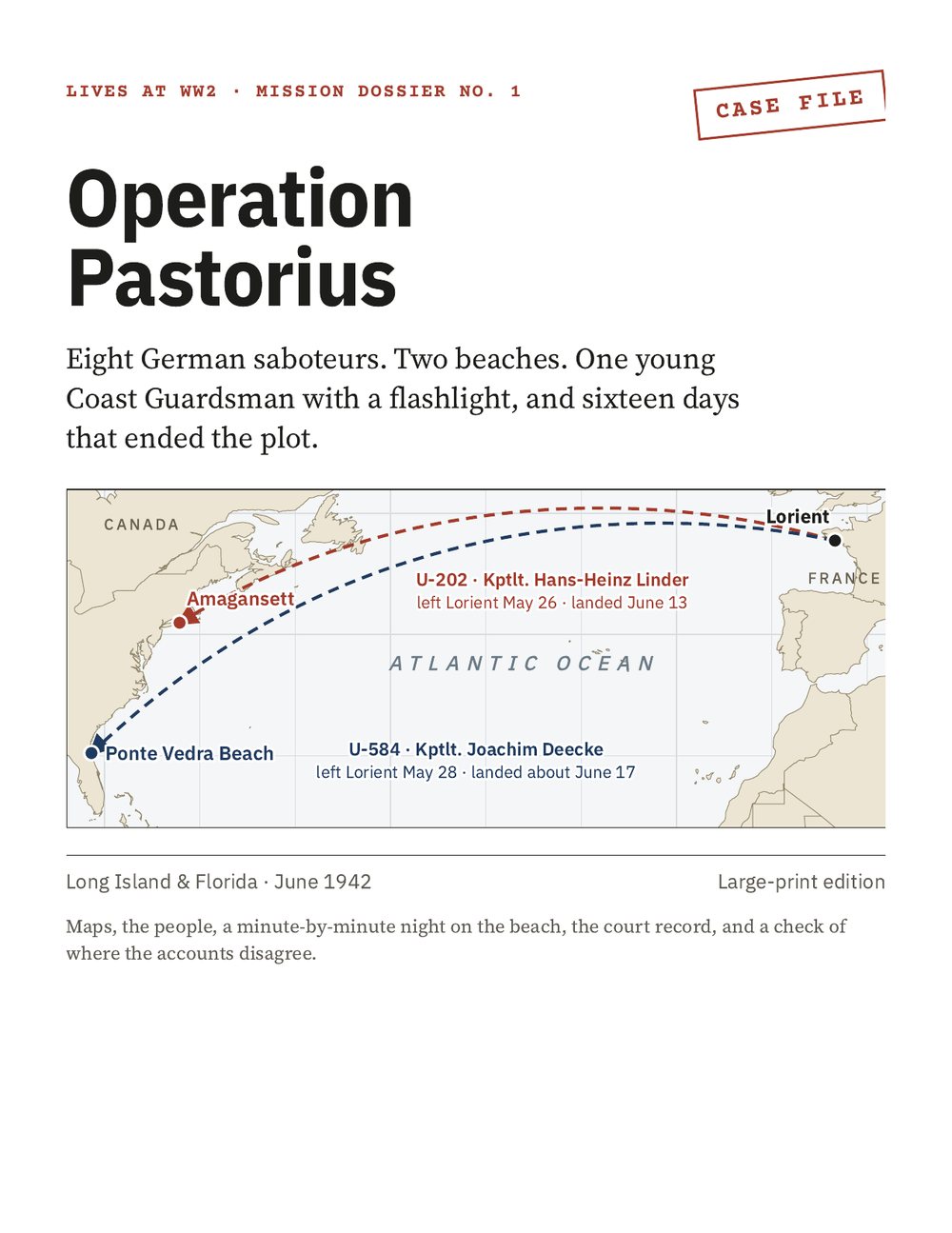 Cover of Mission Dossier No. 1, Operation Pastorius, showing a map of the Atlantic with the two U-boat routes from France to Long Island and Florida.