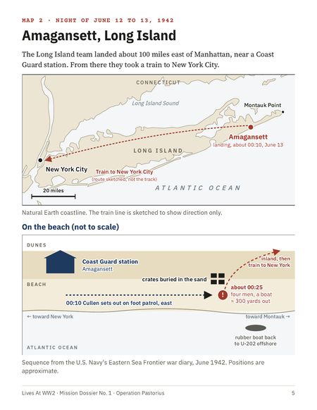 Page 5: map of Long Island and a diagram of the beach at Amagansett.